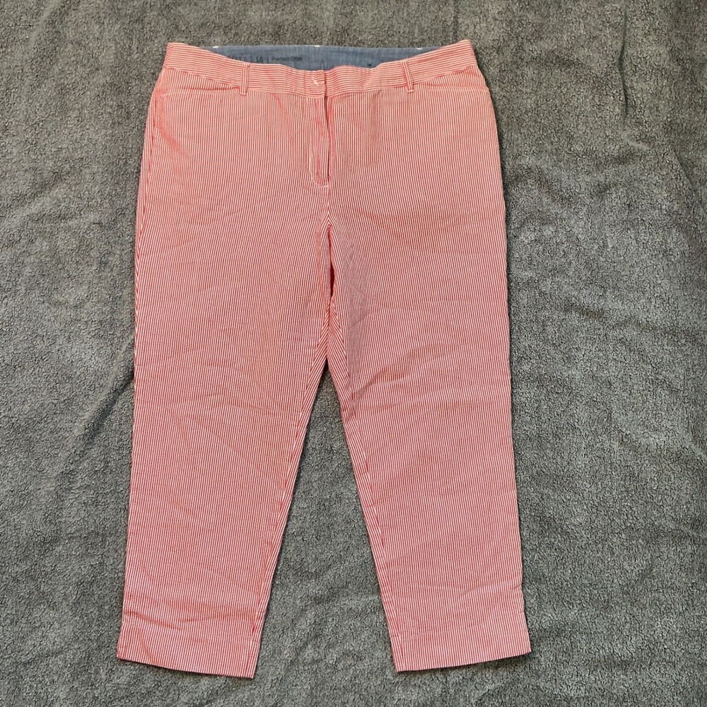 Talbots Perfect Crop Pants 14 Red White Seersucker Striped Cotton Trousers